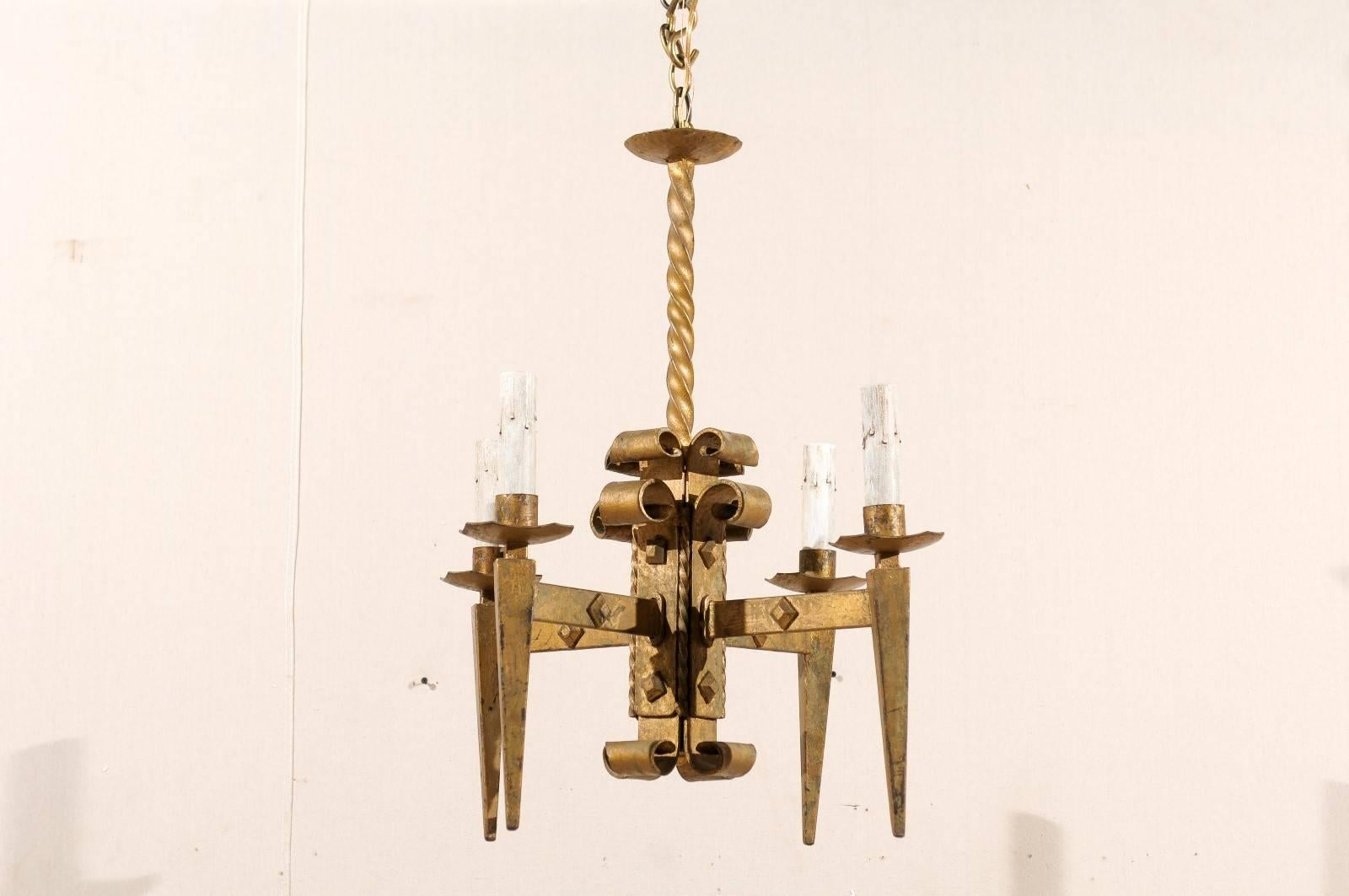 Mid-Century Modern French Vintage Four-Light Chandelier with Torch-Shaped Arms, 20th Century For Sale