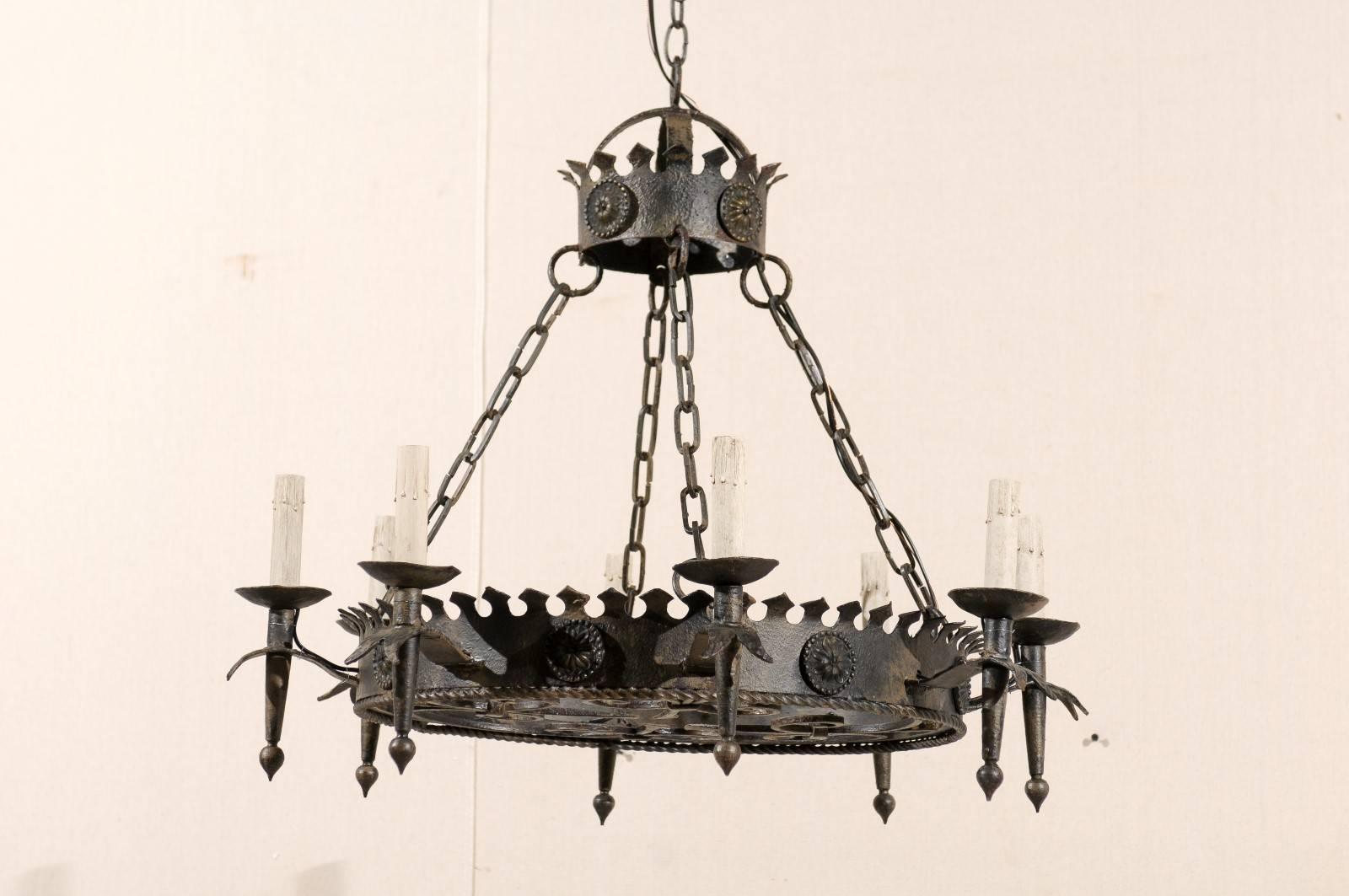 Elegant Circular French Vintage Eight-Light Black Iron Chandelier, 20th Century In Good Condition In Atlanta, GA