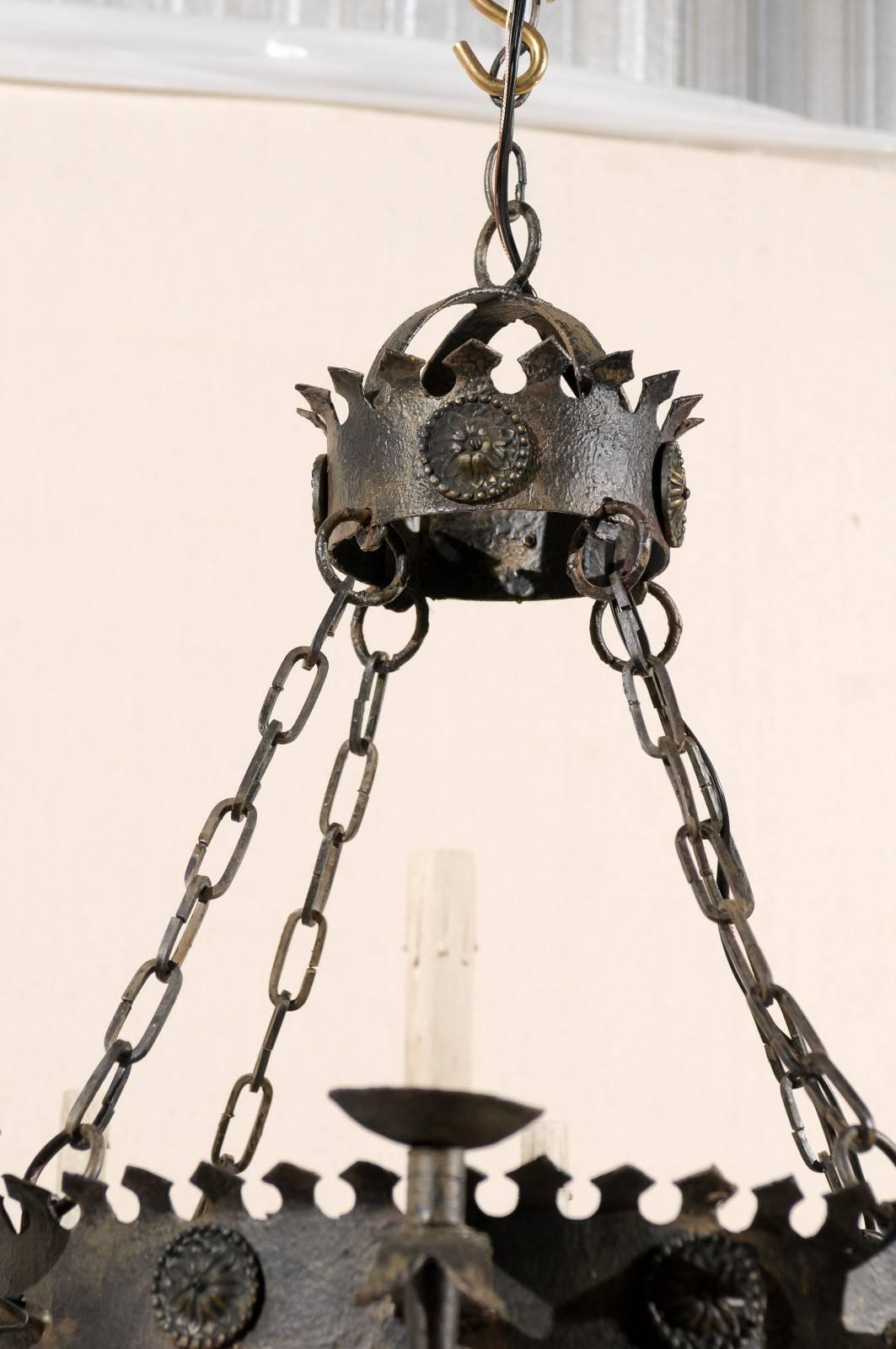 Elegant Circular French Vintage Eight-Light Black Iron Chandelier, 20th Century 4
