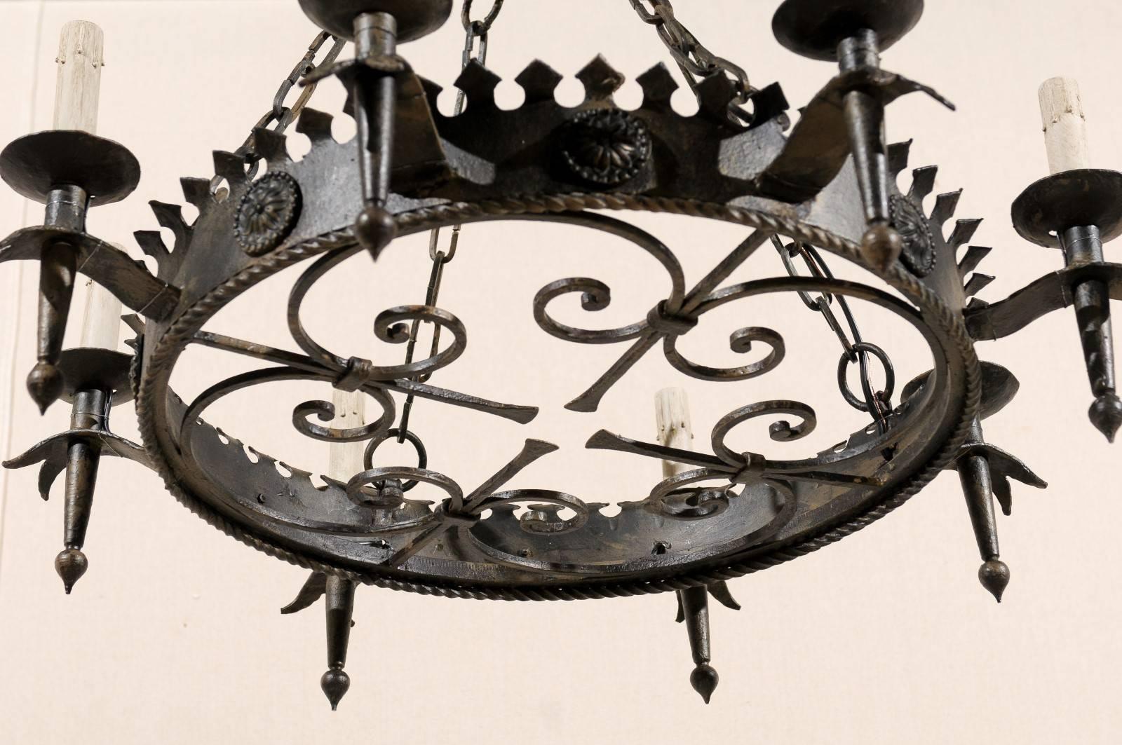 Elegant Circular French Vintage Eight-Light Black Iron Chandelier, 20th Century 3