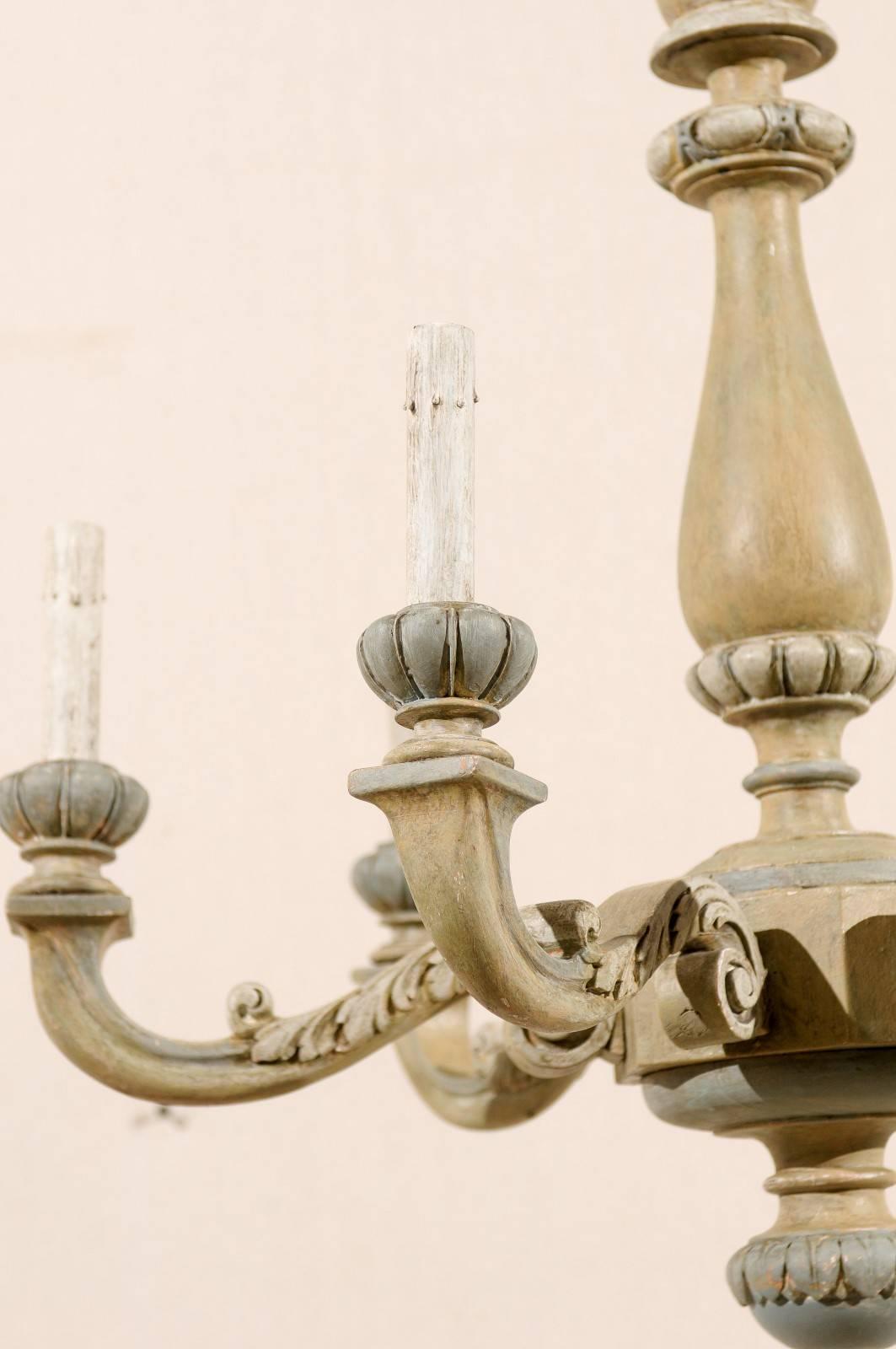 French Carved and Painted Wood Six-Light Vintage Chandelier, Neutral Color In Good Condition In Atlanta, GA