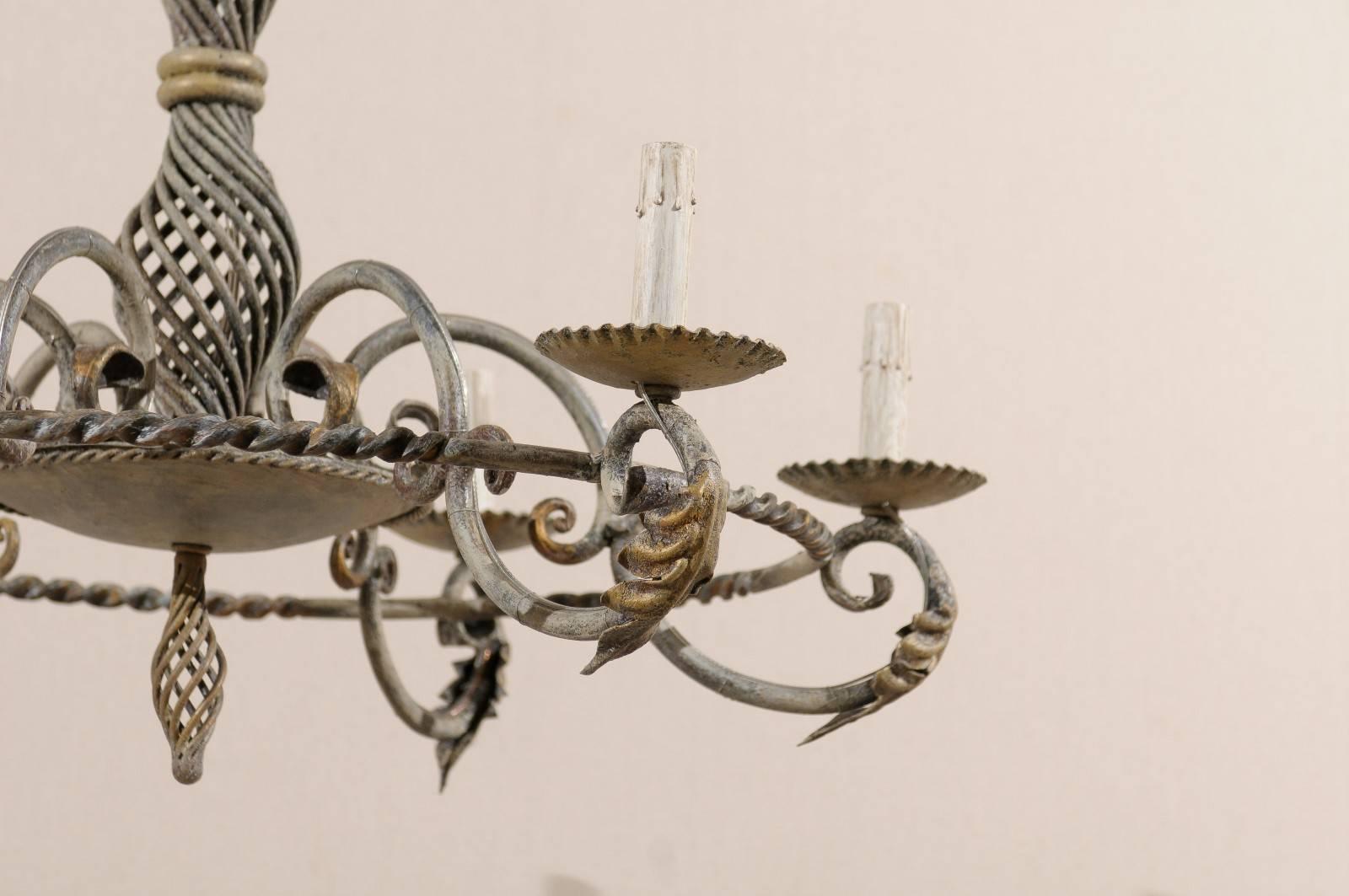 Mid-Century Modern French Painted Iron Round-Shape Chandelier w/Intricately Twisted Central Column For Sale