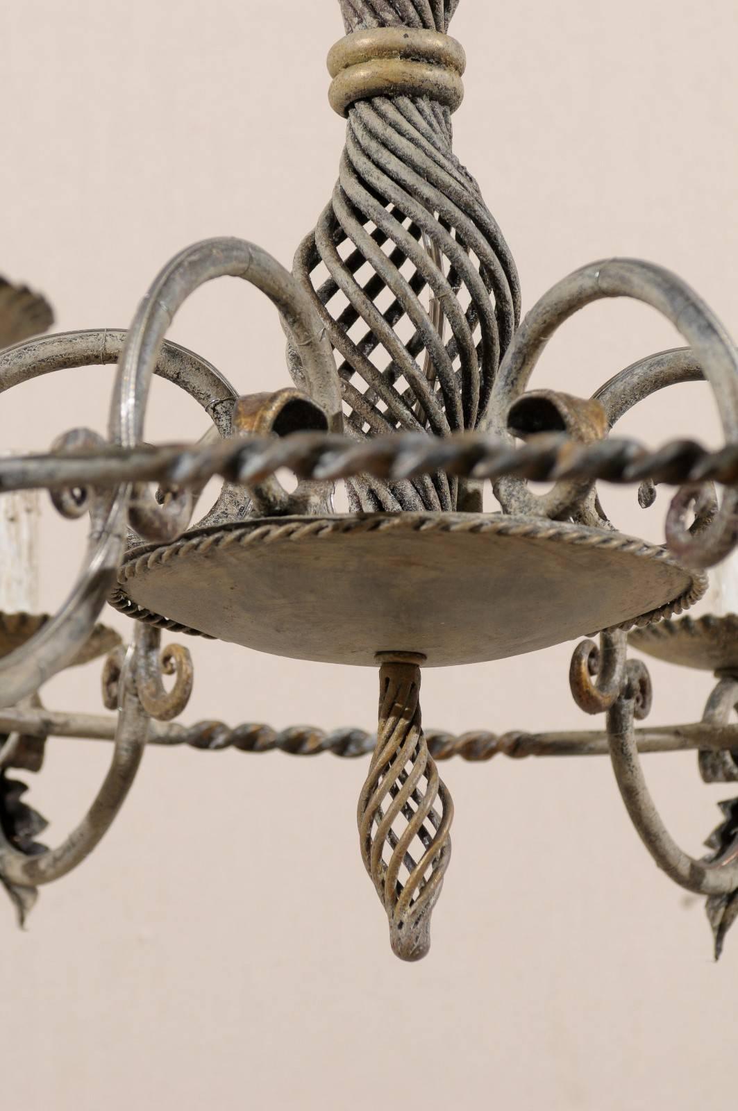 20th Century French Painted Iron Round-Shape Chandelier w/Intricately Twisted Central Column For Sale