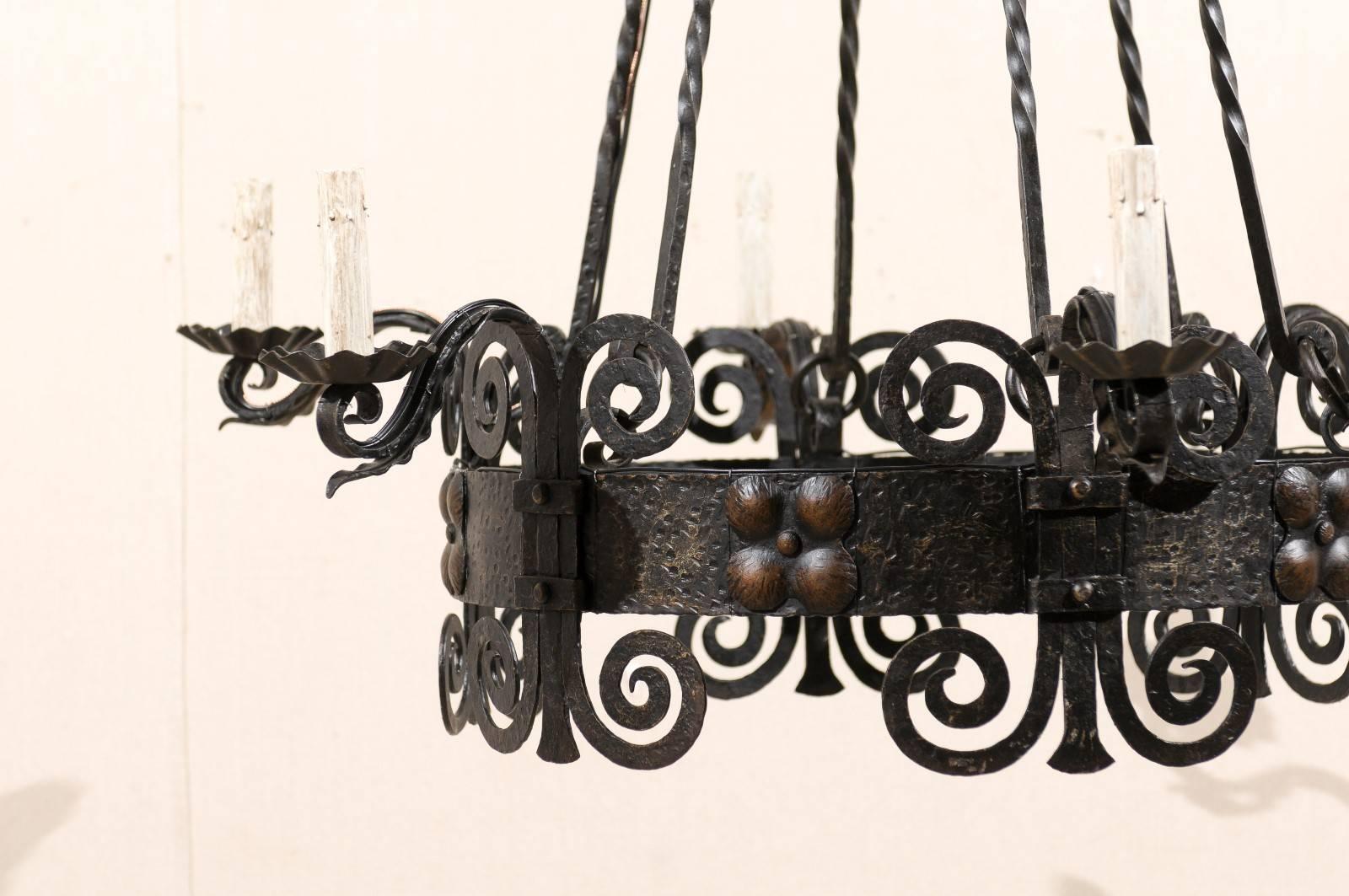 Italian Six-Light Black Iron Ring Chandelier with Scroll Motifs and Domed Canopy For Sale 1