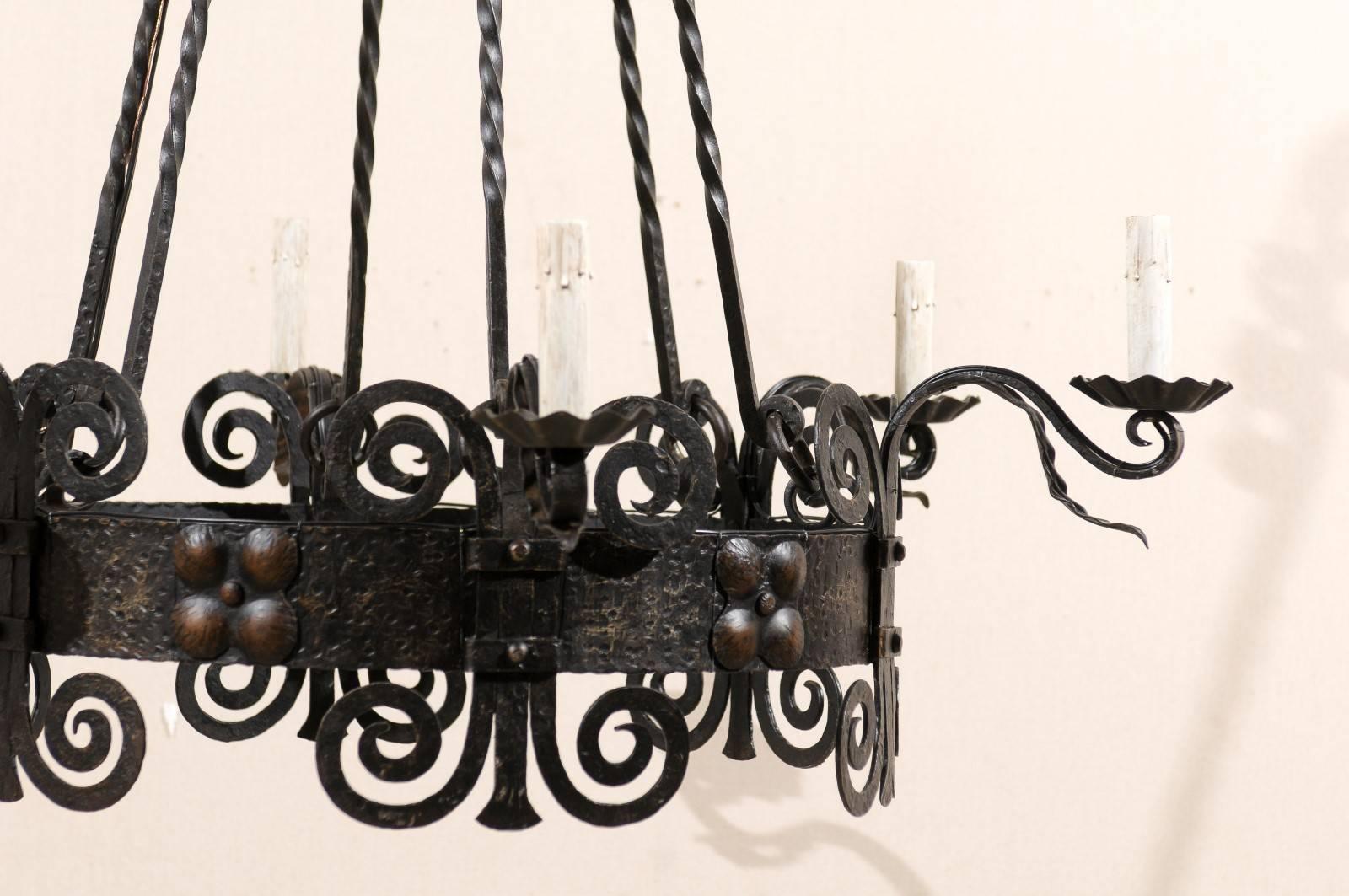 Italian Six-Light Black Iron Ring Chandelier with Scroll Motifs and Domed Canopy In Good Condition For Sale In Atlanta, GA