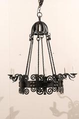Italian Six-Light Black Iron Ring Chandelier with Scroll Motifs and Domed Canopy