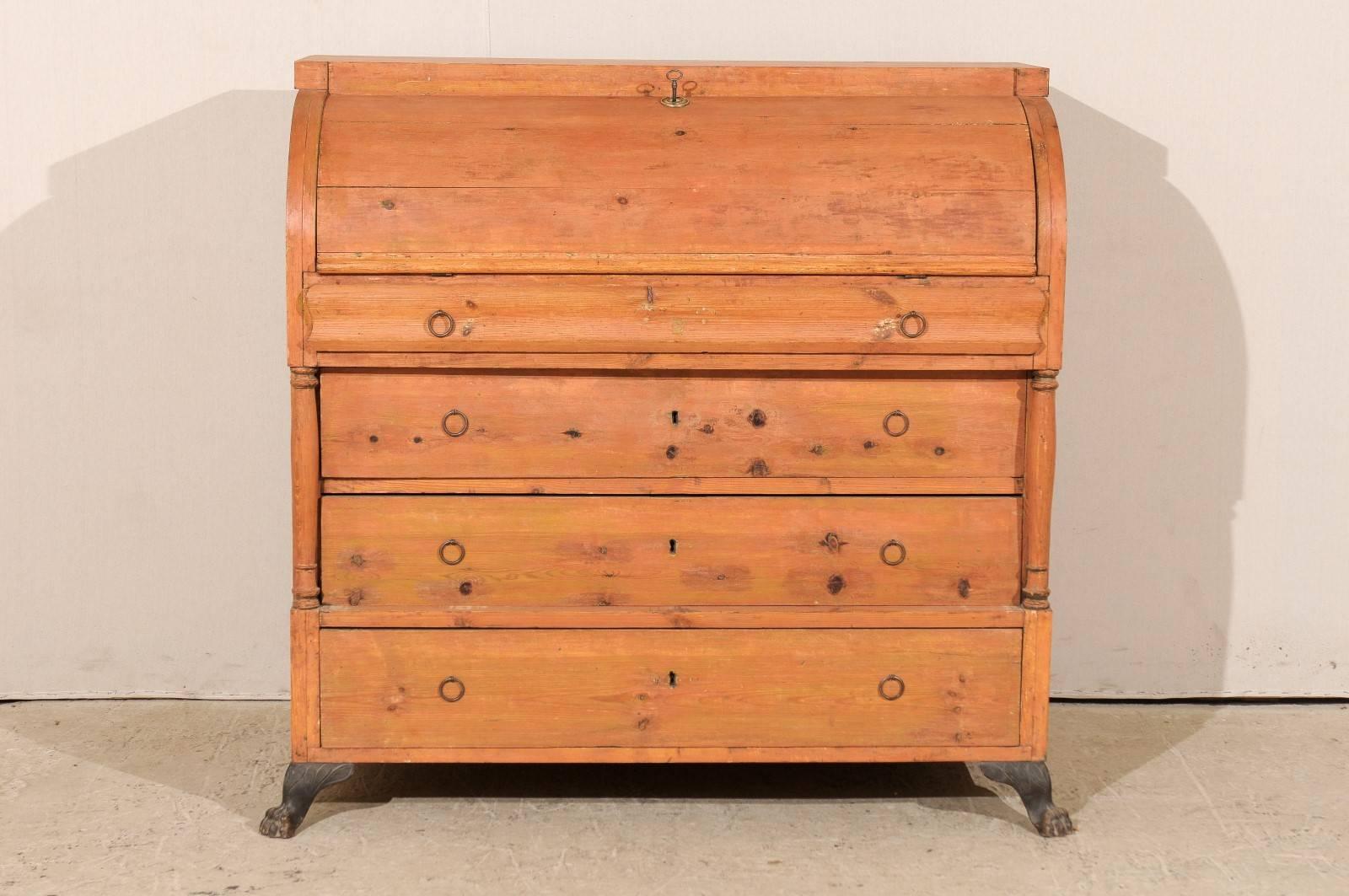 A Swedish mid-19th century chest. This Swedish chest features a convex-front opening in the top portion. When open, note that this upper portion remains curved and is hooked to two chains (not photographed here). Within the top portion are multiple