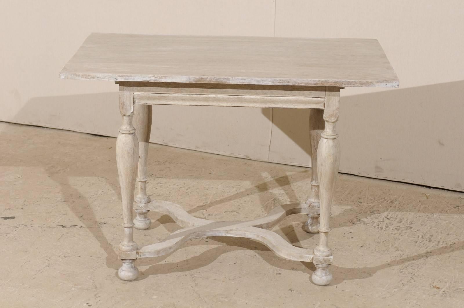 19th Century Swedish Baroque Style Side Table, Light Colored Wash, Turned Legs and Ball Feet