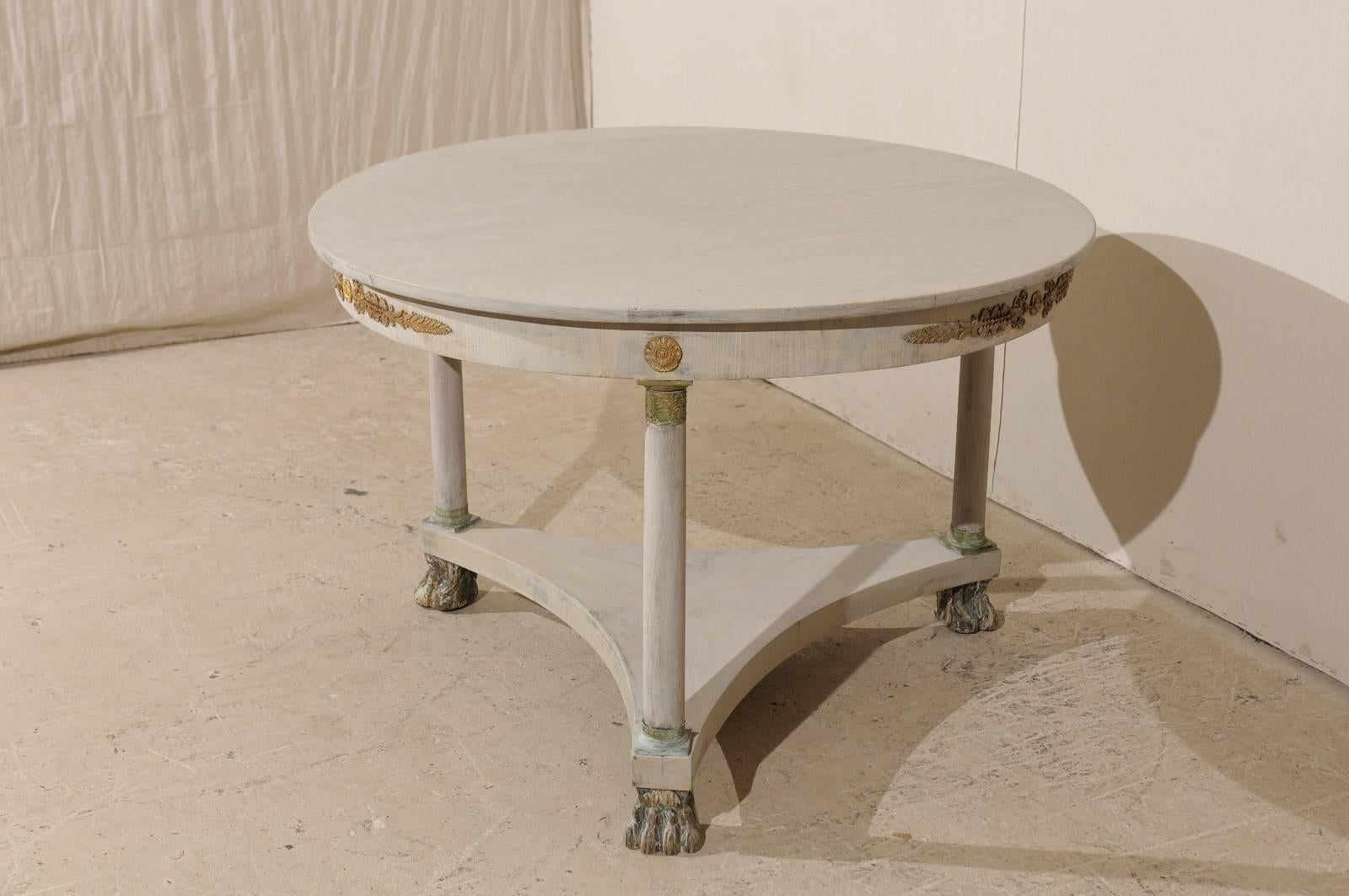 French Round Wood Centre Table, Brass Accents and Lion Paw Feet, Neutral Color In Good Condition In Atlanta, GA