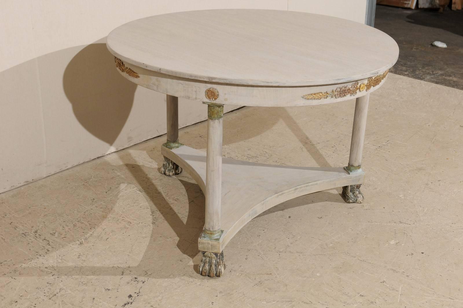 Painted French Round Wood Centre Table, Brass Accents and Lion Paw Feet, Neutral Color