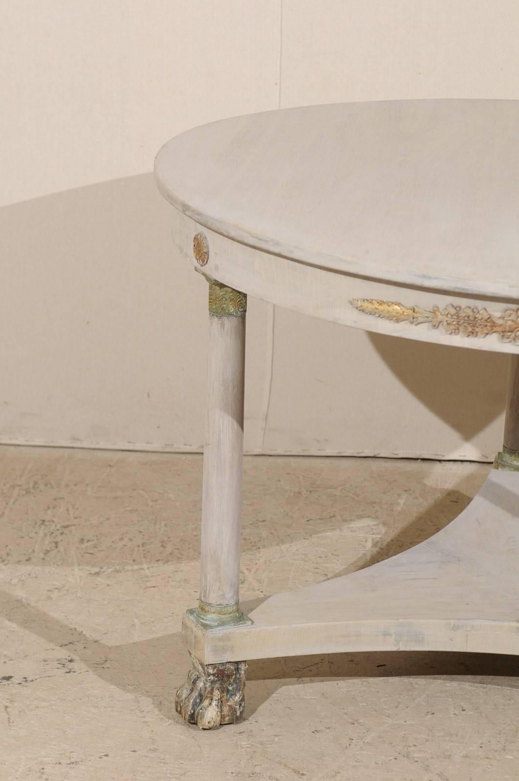 19th Century French Round Wood Centre Table, Brass Accents and Lion Paw Feet, Neutral Color
