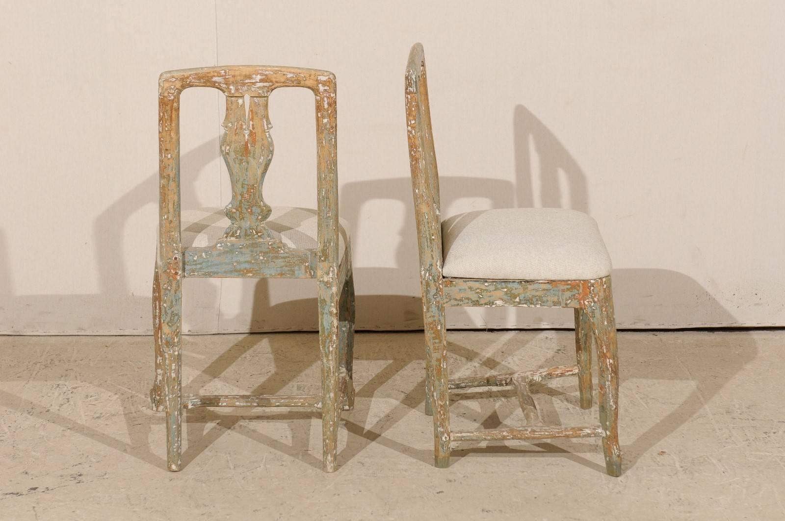 Linen Pair of Swedish Period Rococo Side Chairs in Soft Green, Beige and White Color