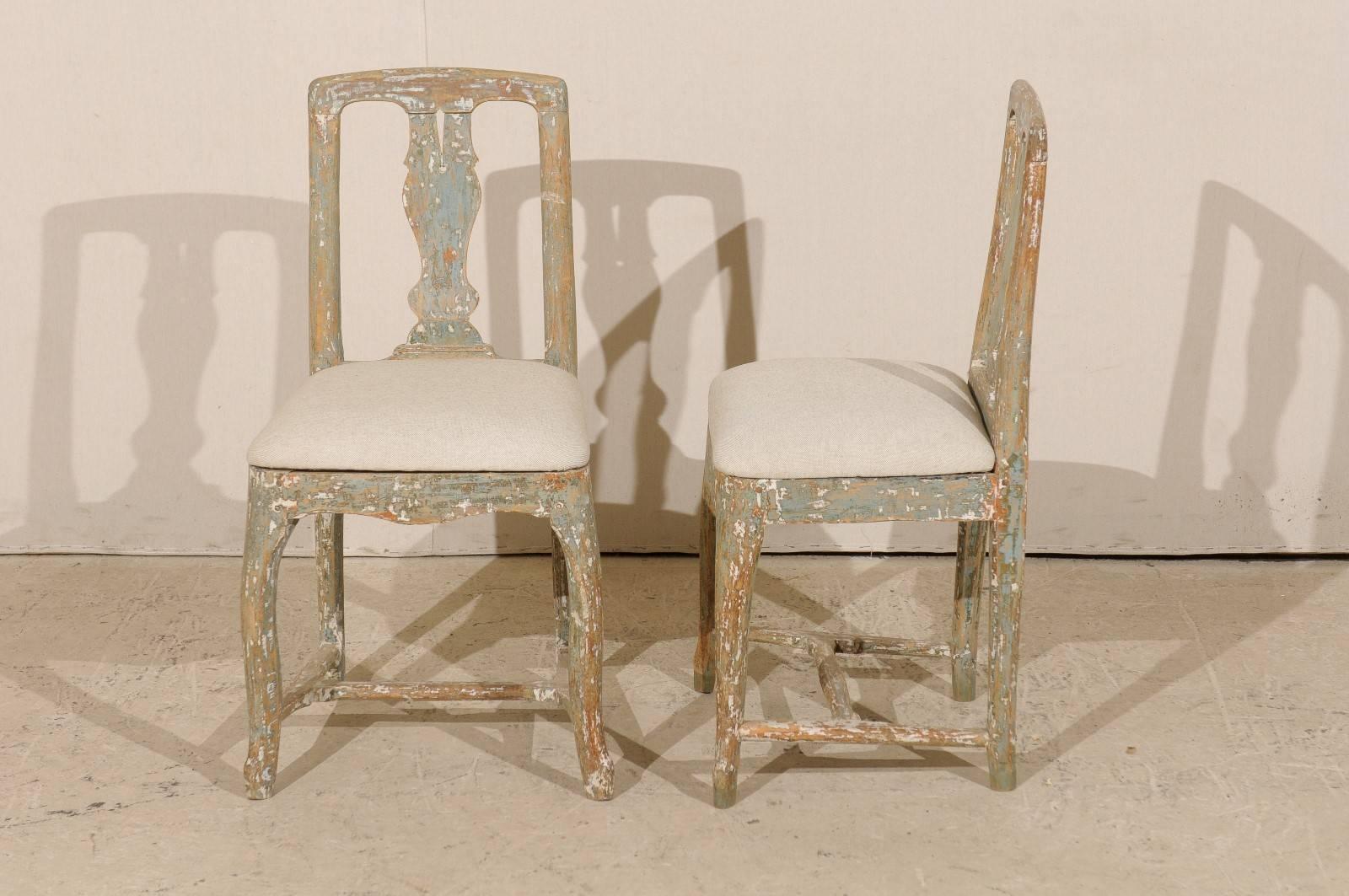 Pair of Swedish Period Rococo Side Chairs in Soft Green, Beige and White Color 1