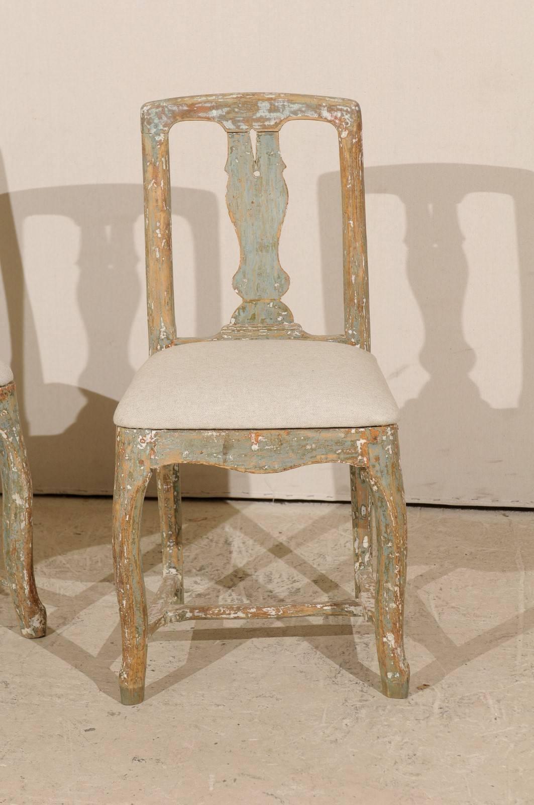 Pair of Swedish Period Rococo Side Chairs in Soft Green, Beige and White Color In Good Condition In Atlanta, GA