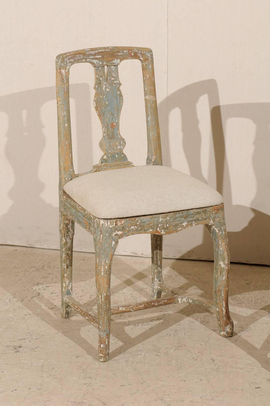 Carved Pair of Swedish Period Rococo Side Chairs in Soft Green, Beige and White Color
