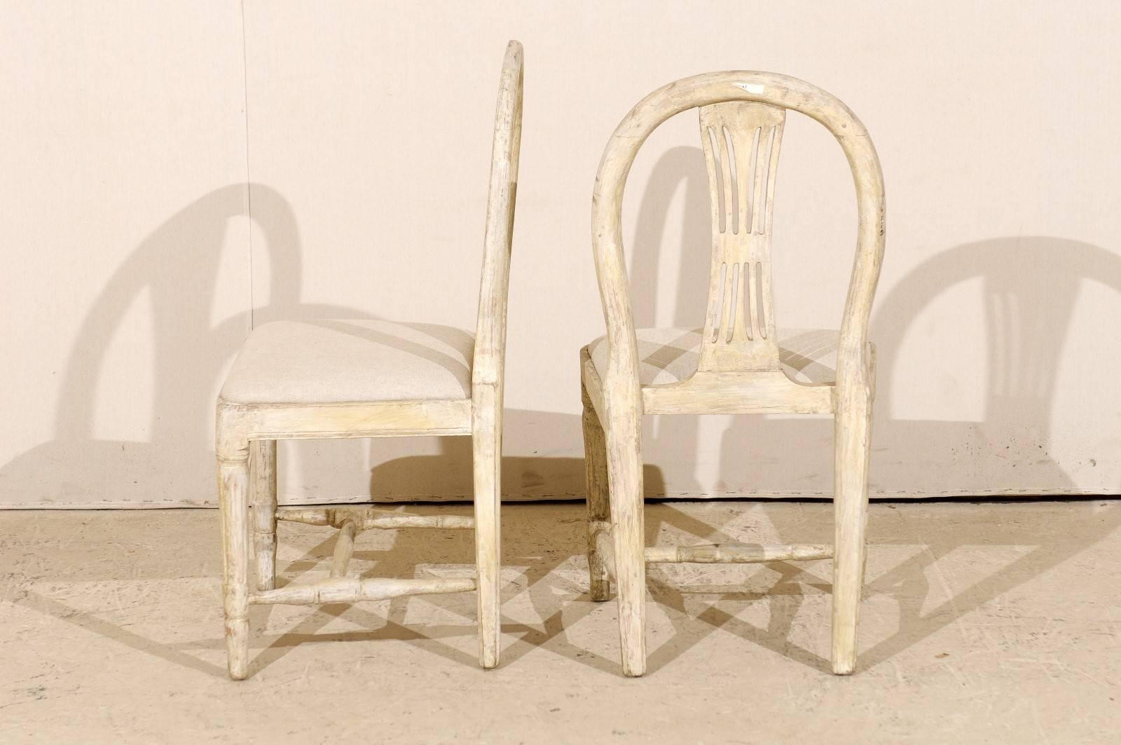 19th Century Pair of Swedish Provincial Gustavian Wheat Back Side Chairs, Warm Beige White