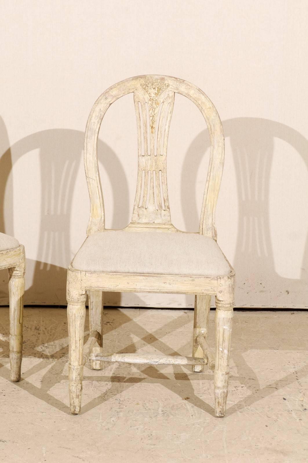 Carved Pair of Swedish Provincial Gustavian Wheat Back Side Chairs, Warm Beige White