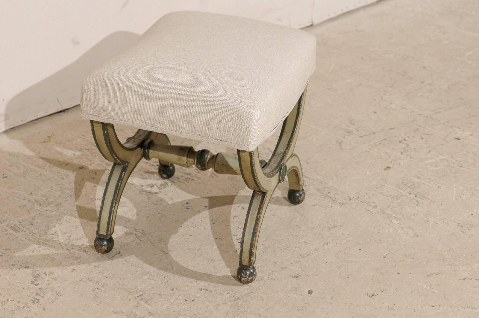 Painted French Dante Style Stool, Original Soft Green Yellow Paint, 19th Century