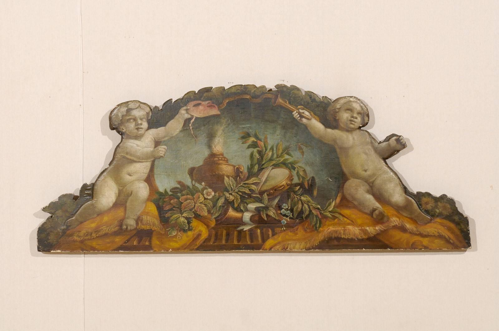 An exquisite 19th century Italian panel. This Italian panel is canvas over wood. It depicts the allegories of music and theater. In this Italian panel careful attention is paid to harmony and balance. Balance and harmony is created through the
