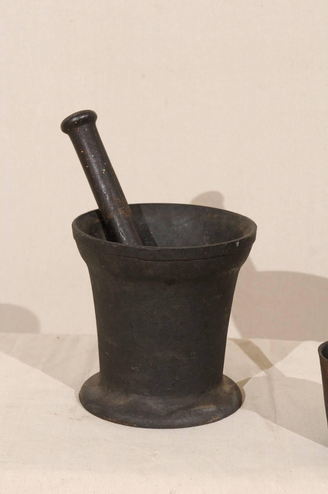 20th Century Set of Three Mortar and Pestles with Nice Weight, Black Color and Varying Sizes