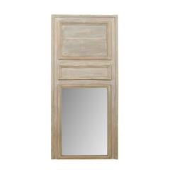French Painted Wood Trumeau or Pier Mirror in Neutral Soft Taupe, Grey and Blue