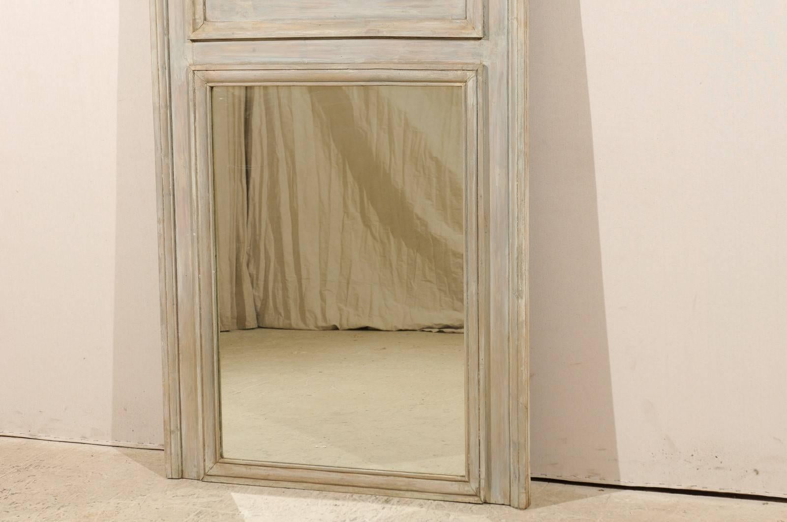 French Painted Wood Trumeau or Pier Mirror in Neutral Soft Taupe, Grey and Blue 2