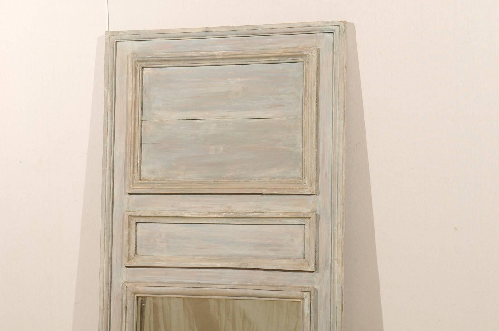 Carved French Painted Wood Trumeau or Pier Mirror in Neutral Soft Taupe, Grey and Blue
