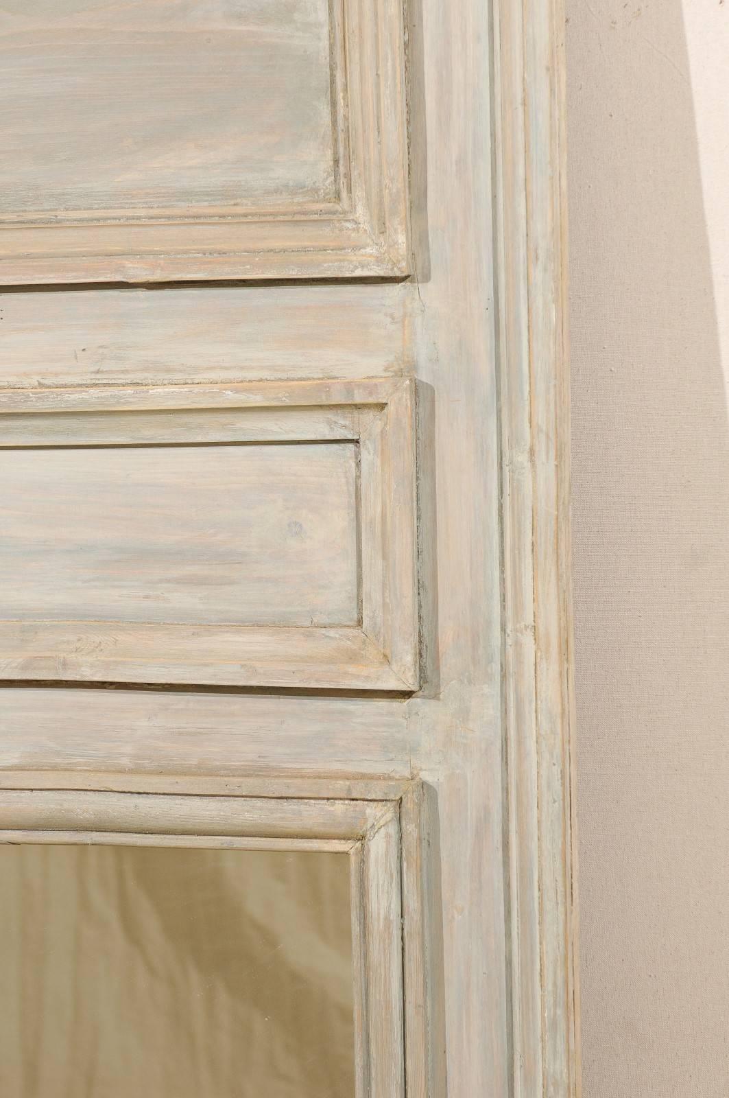 19th Century French Painted Wood Trumeau or Pier Mirror in Neutral Soft Taupe, Grey and Blue