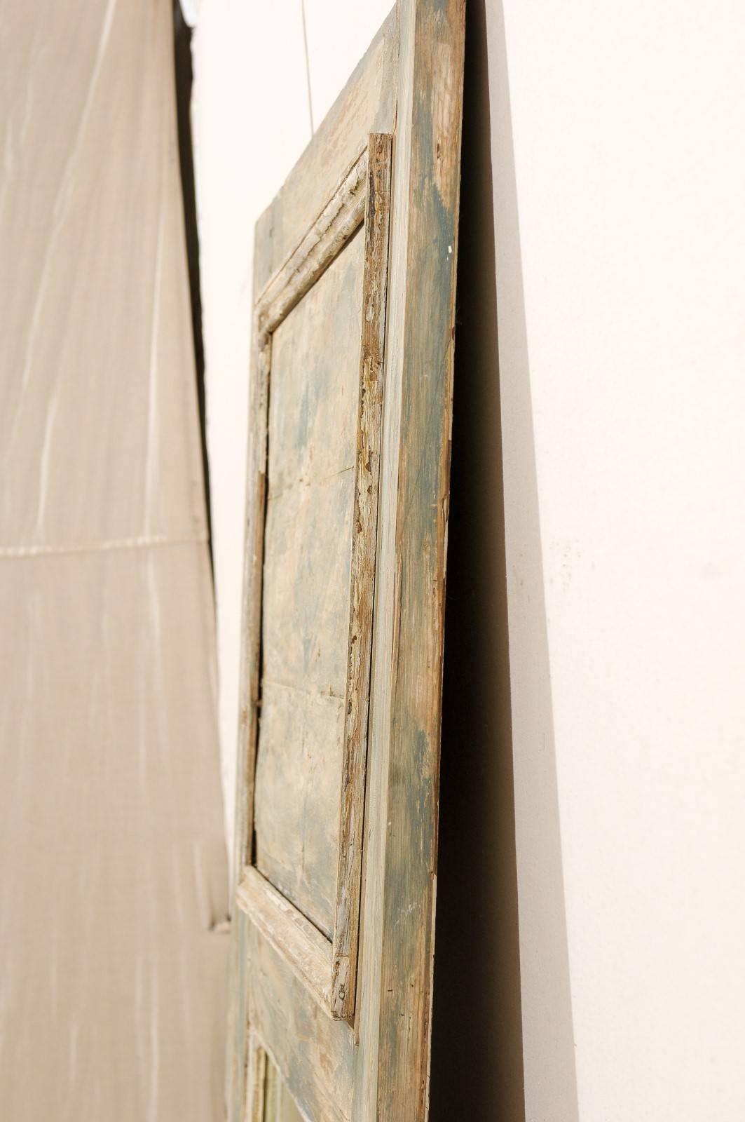 Painted French 19th Century Trumeau Mirror Heavy Antiquing and Scraped Beige Wood Finish For Sale
