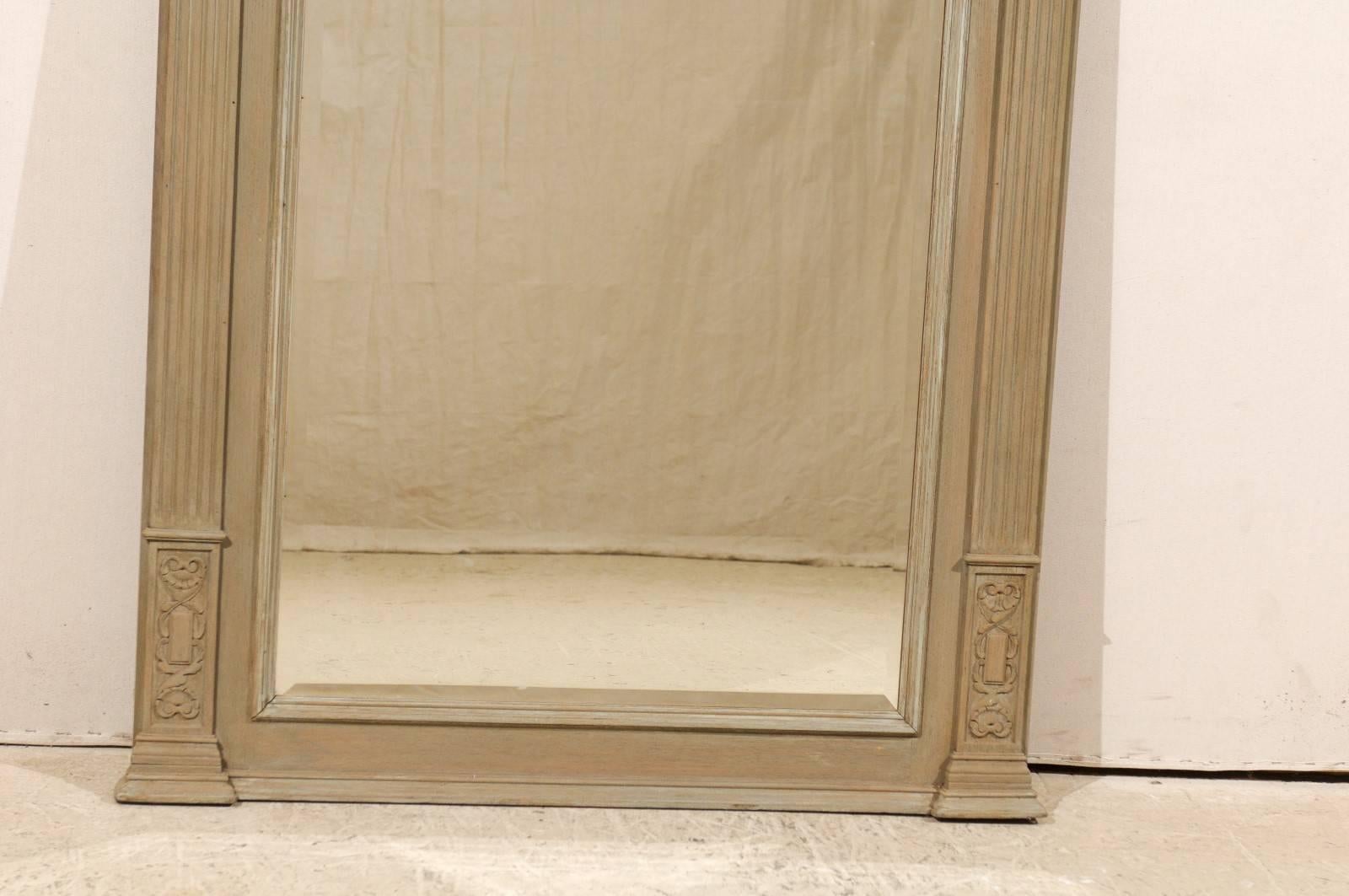 20th Century French Light Brown / Taupe Trumeau Mirror with Beveled Glass and Rich Carvings For Sale