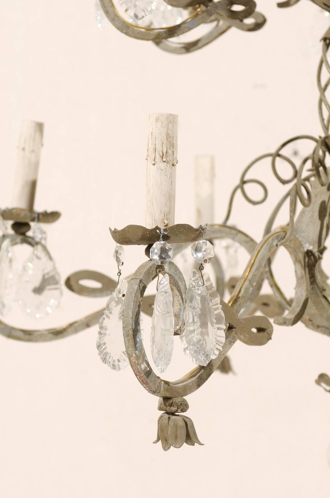 Painted Two-Tiered French Chandelier--Metal + Crystals in Grey Green Color For Sale