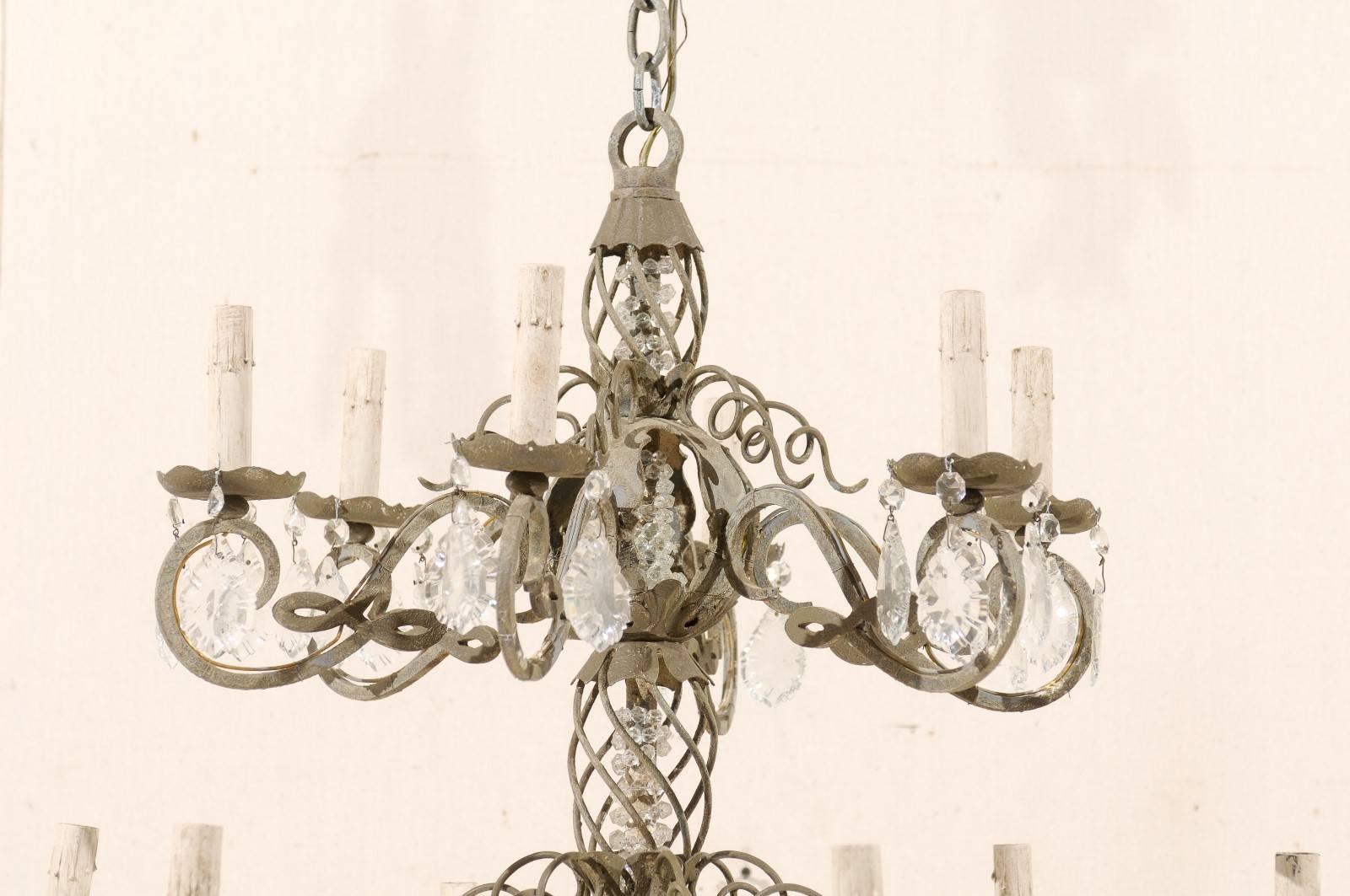 French Two-Tiered Twelve-Light Metal and Crystal Chandelier in Grey Green Color In Good Condition For Sale In Atlanta, GA