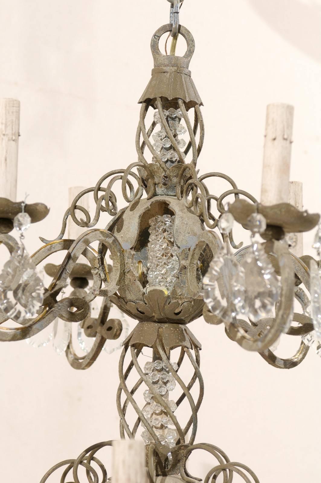 20th Century French Two-Tiered Twelve-Light Metal and Crystal Chandelier in Grey Green Color For Sale