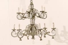 Two-Tiered French Chandelier--Metal + Crystals in Grey Green Color