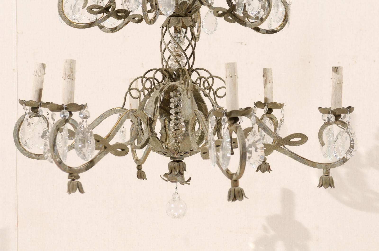 French Two-Tiered Twelve-Light Metal and Crystal Chandelier in Grey Green Color For Sale 4