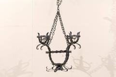 Italian Black Hammered-Iron 4 Light Basket Style Hanging Light Fixture, Re-Wired