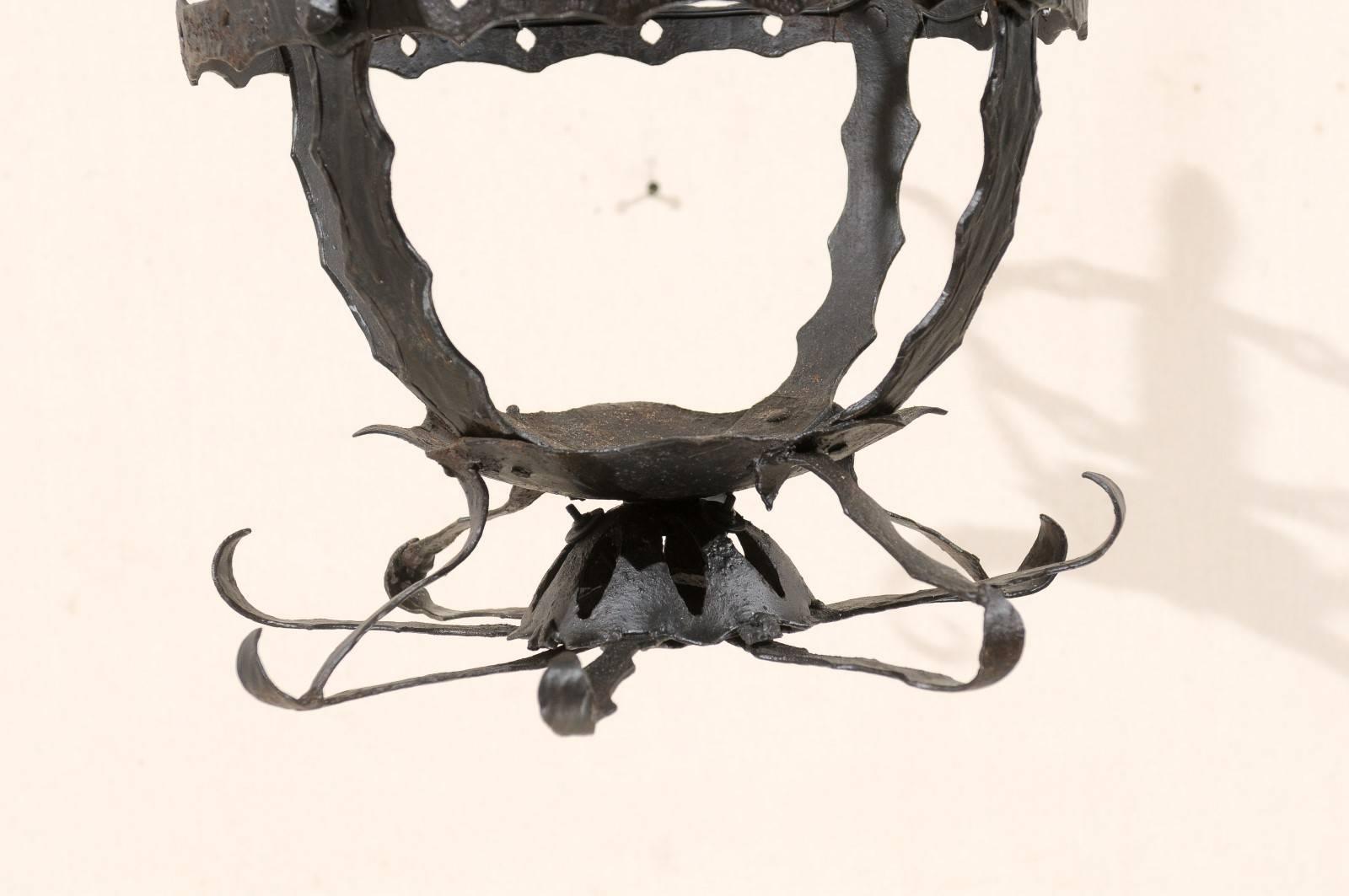 Italian Black Hammered-Iron 4 Light Basket Style Hanging Light Fixture, Re-Wired For Sale 1