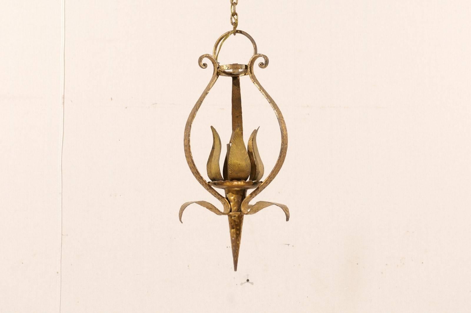 Mid-Century Modern French Tulip-Shaped, Single-Light, Hammered & Gilt Metal Chandelier, Mid 20th C. For Sale