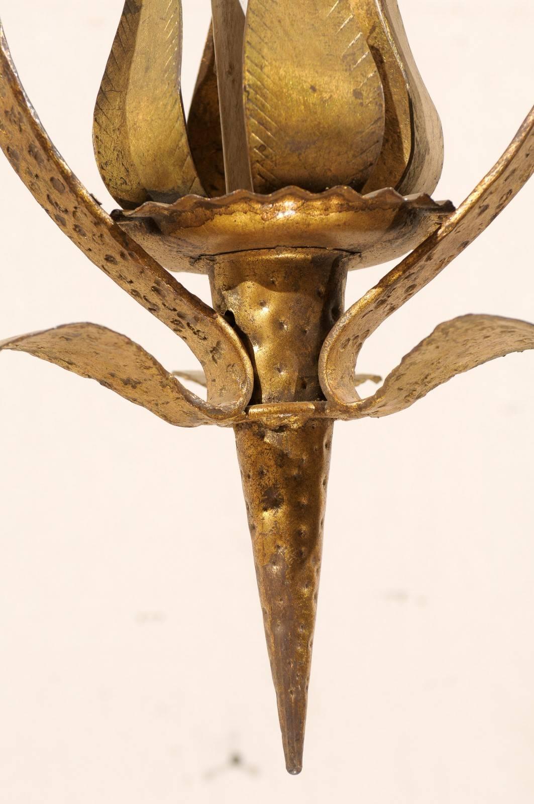 French Tulip-Shaped, Single-Light, Hammered & Gilt Metal Chandelier, Mid 20th C. For Sale 1