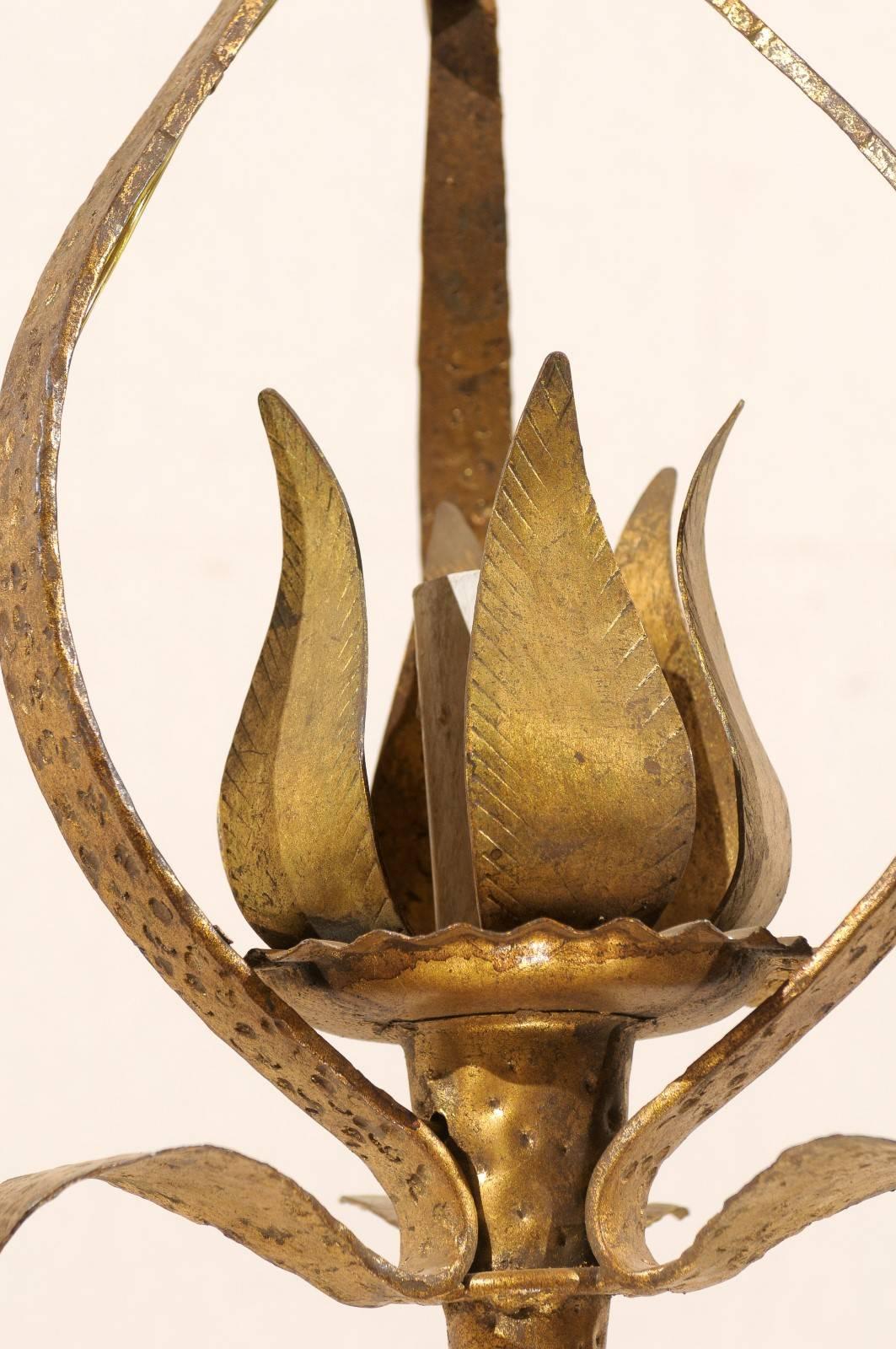 French Tulip-Shaped, Single-Light, Hammered & Gilt Metal Chandelier, Mid 20th C. For Sale 3