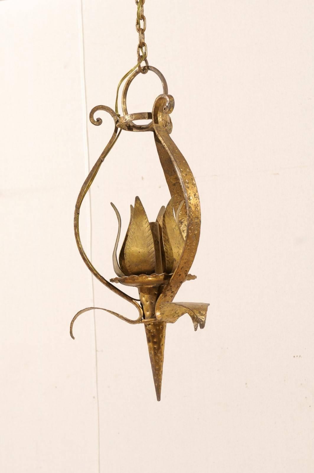 20th Century French Tulip-Shaped, Single-Light, Hammered & Gilt Metal Chandelier, Mid 20th C. For Sale