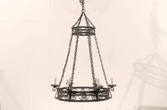 French Circular Ring Shaped Six-Light Black Iron Chandelier with Scroll Motifs