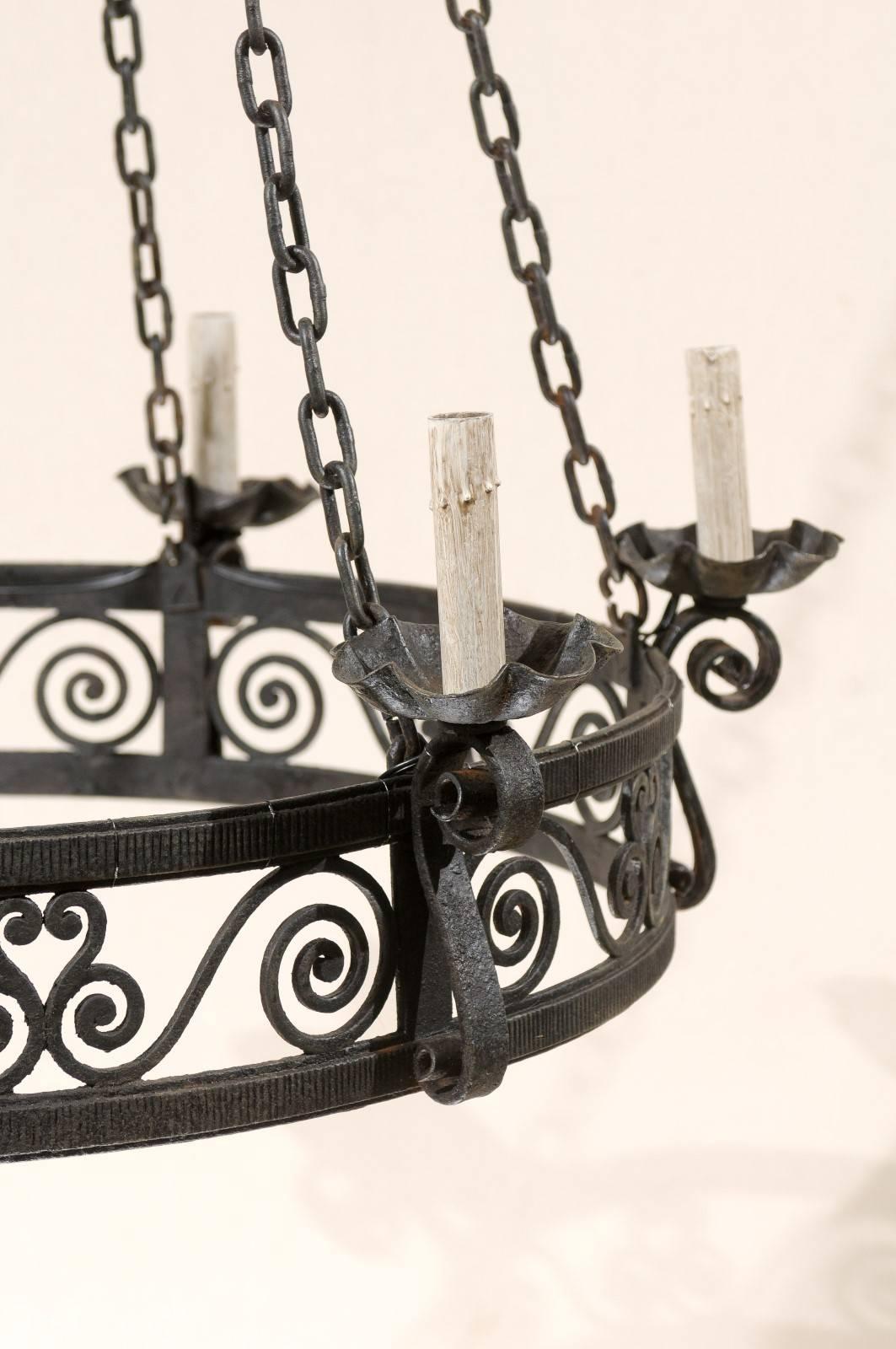 French Circular Ring Shaped Six-Light Black Iron Chandelier with Scroll Motifs In Good Condition For Sale In Atlanta, GA