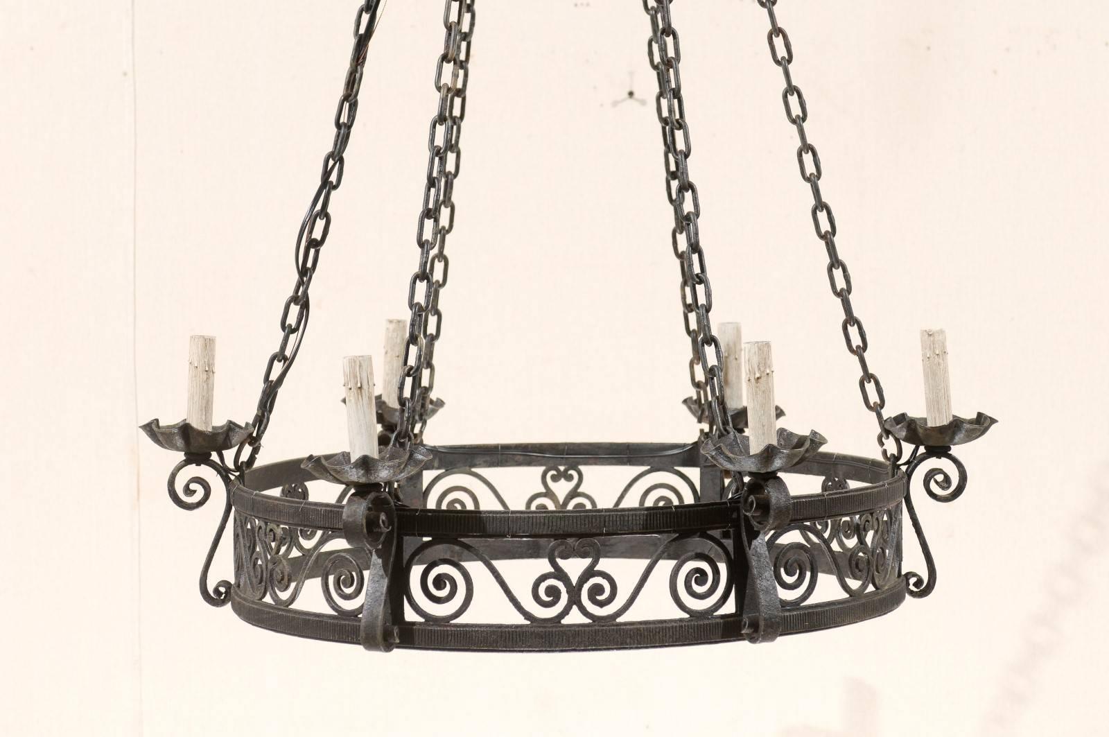French Circular Ring Shaped Six-Light Black Iron Chandelier with Scroll Motifs For Sale 1