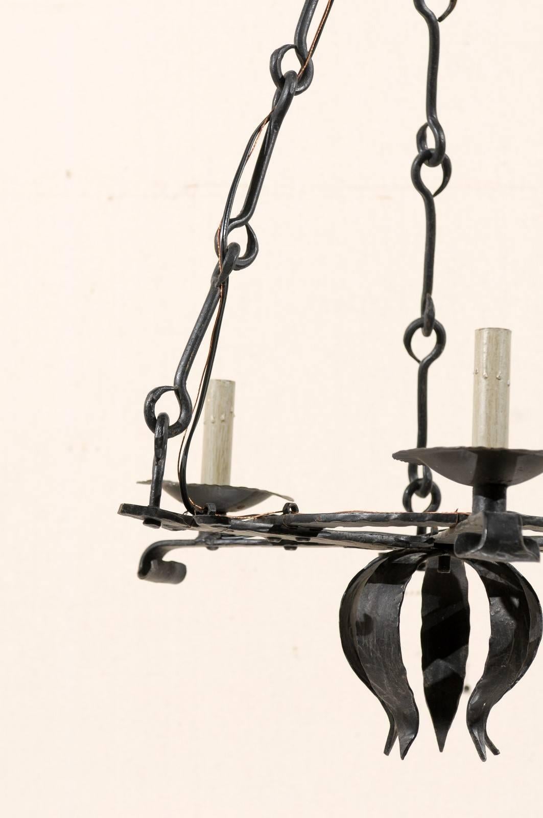 French Black Forged Iron Three-Light Chandelier with Leaf Motif at the Bottom In Good Condition In Atlanta, GA