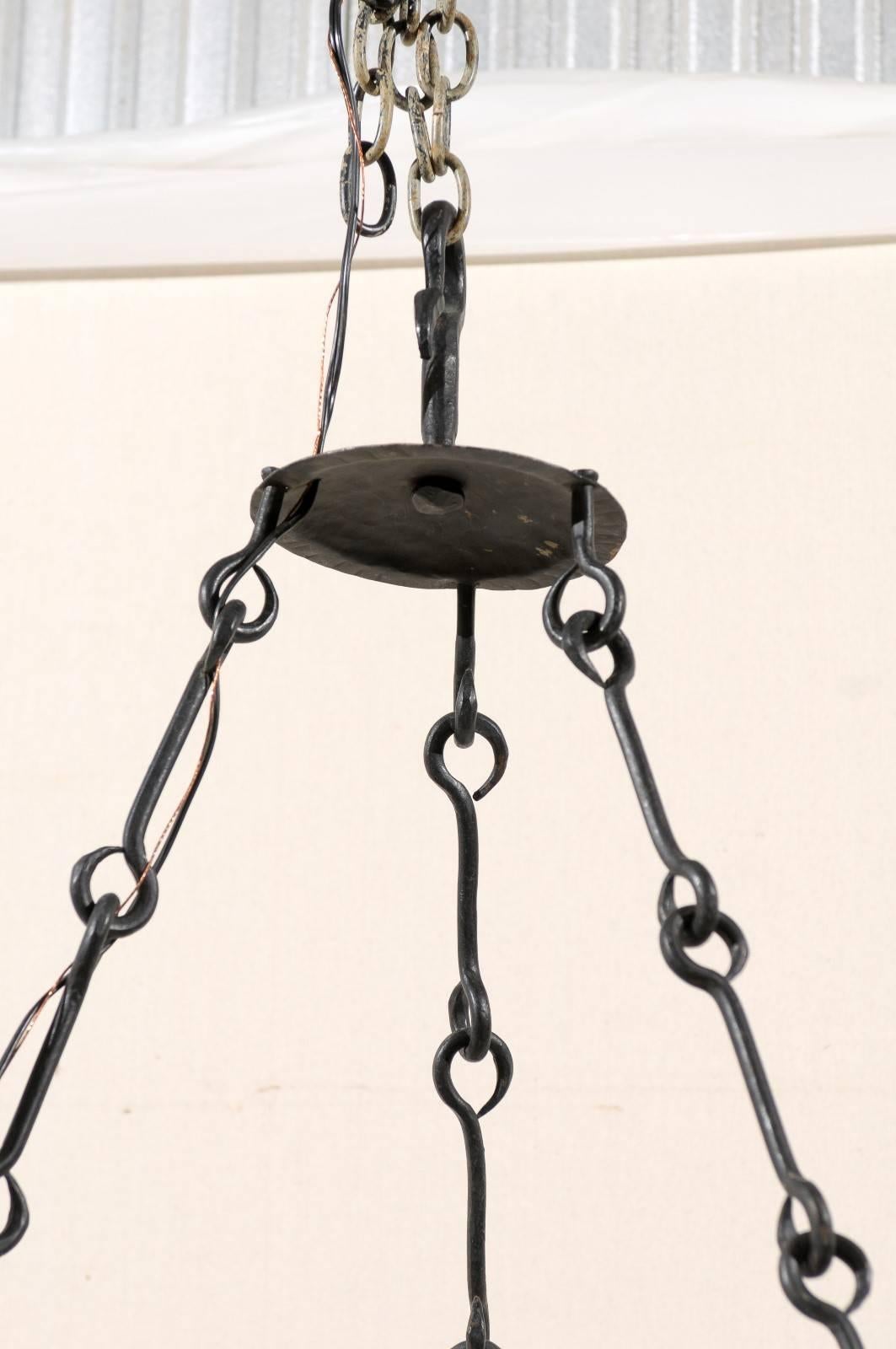French Black Forged Iron Three-Light Chandelier with Leaf Motif at the Bottom 1