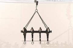 French Linear Eight-Light Black Forged Iron Chandelier, Rewired for US.