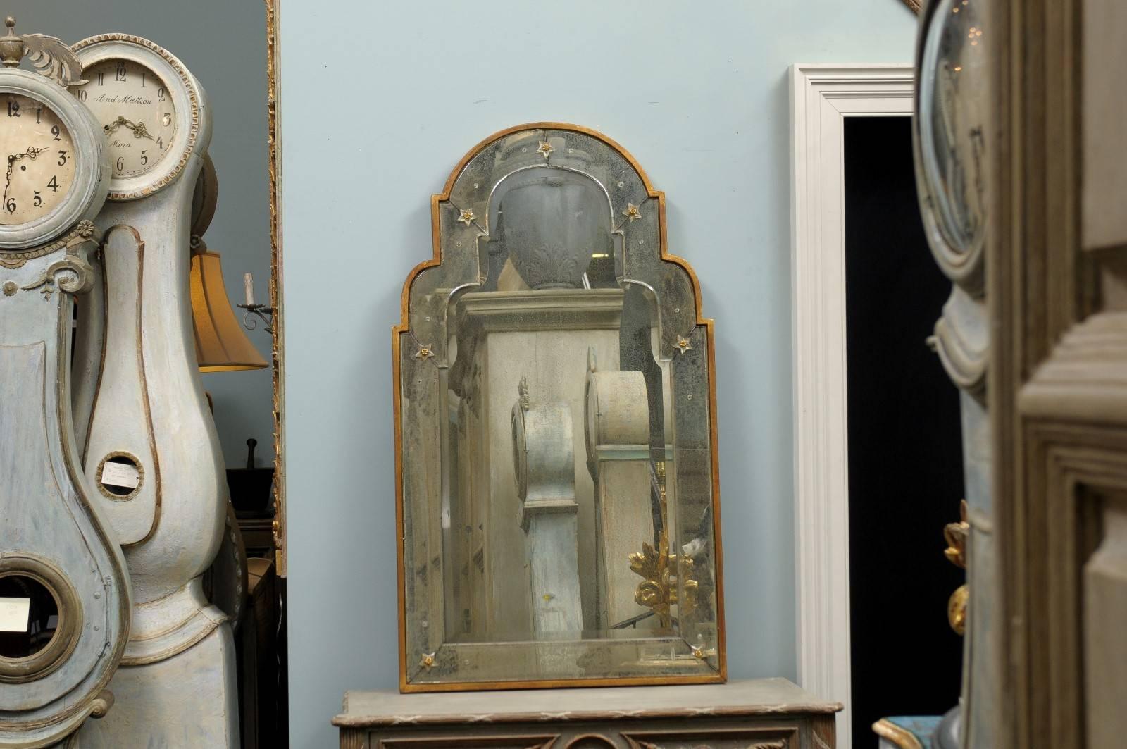 Gilt Paris Venetian Style Mirror with Bonnet Type Crest and Gilded Frame