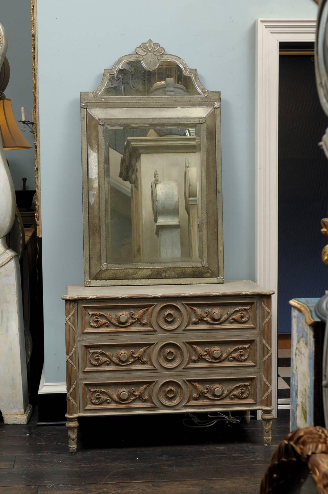 Crest Top Venetian Style Antiqued Rectangular Mirror, Handmade and Hand Silvered In Good Condition In Atlanta, GA