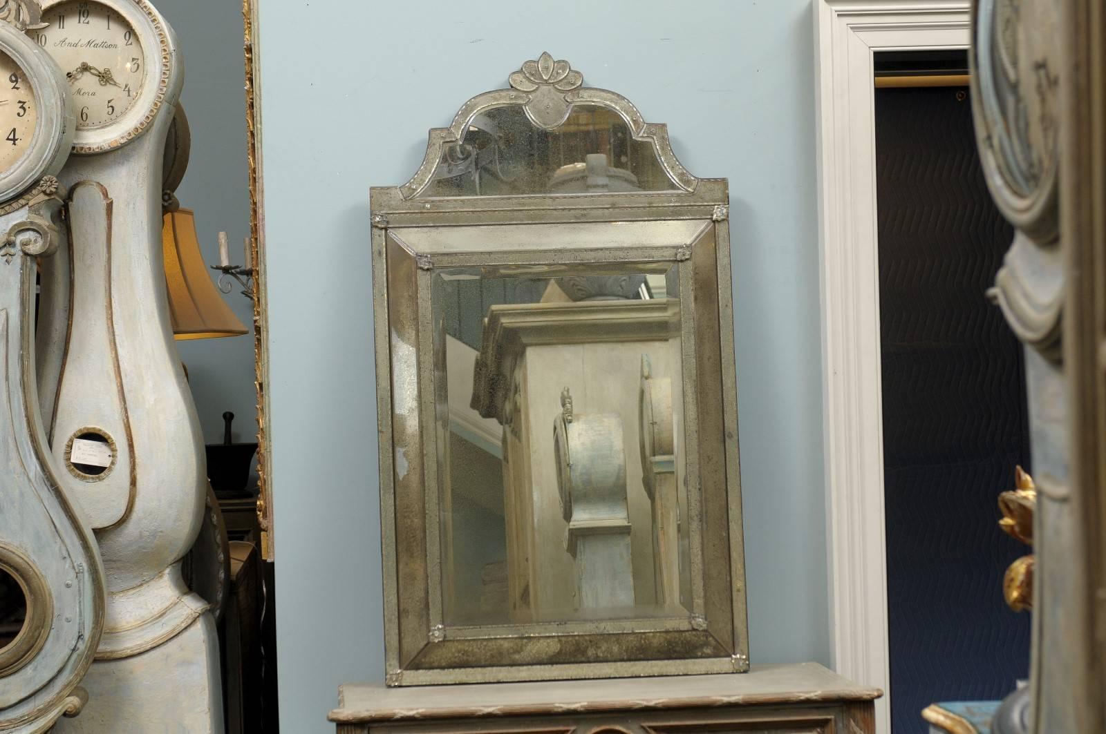 Contemporary Crest Top Venetian Style Antiqued Rectangular Mirror, Handmade and Hand Silvered